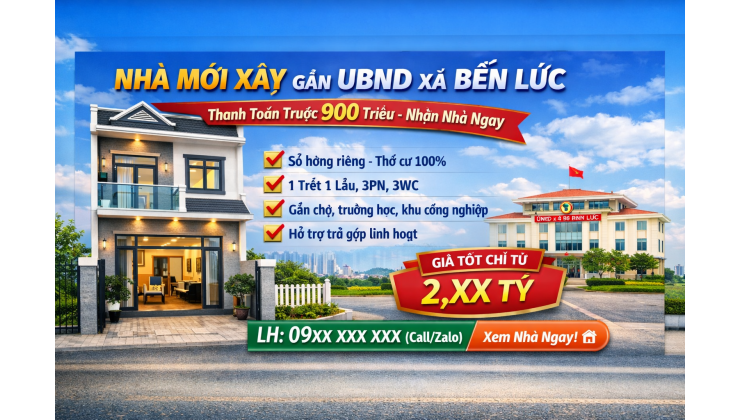 Nhà xây mới 2 tầng gần UBND xã Bến Lức , DT 100m2, nhận nhà ngay